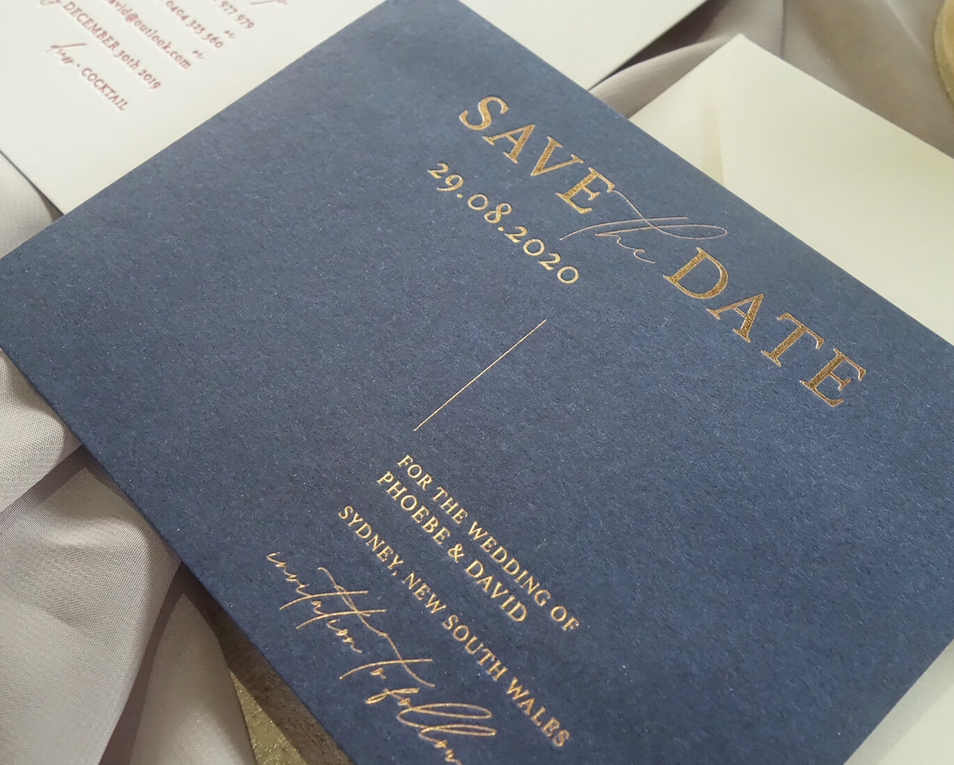 Dark Navy wedding invitation pressedfoil 